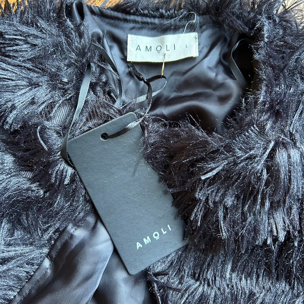 Amoli Faux Fur Coat Fuzzy Fringe Dressy Cardigan Jacket Bolero Black NEW Size L - Picture 4 of 9